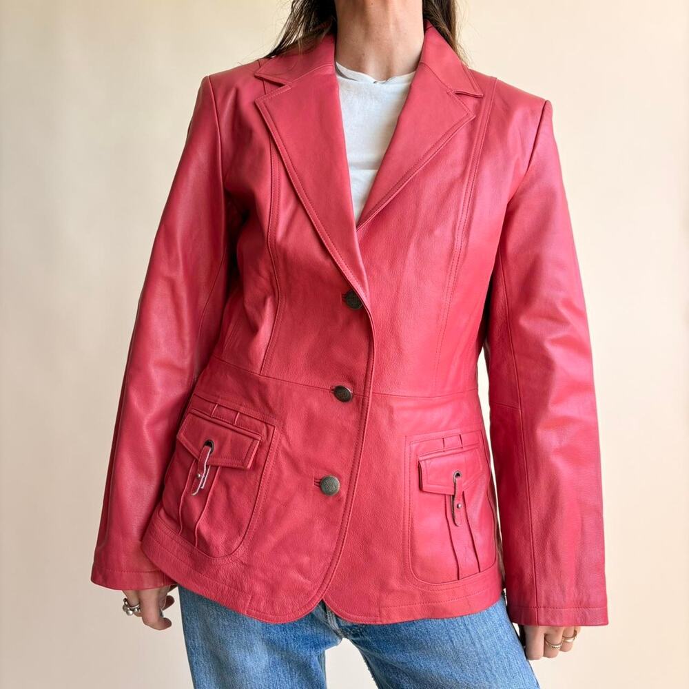 Pamela McCoy Raspberry Pink Leather Moto Jacket - Size Small - Picture 2 of 8